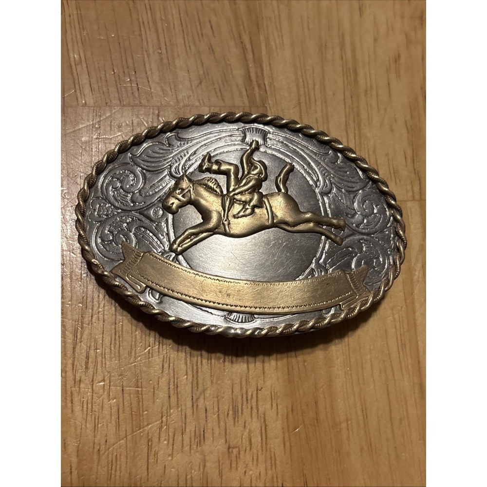 VTG German Silver Western Cowboy Belt Buckle Bucking Bronc Rodeo Rider Oval